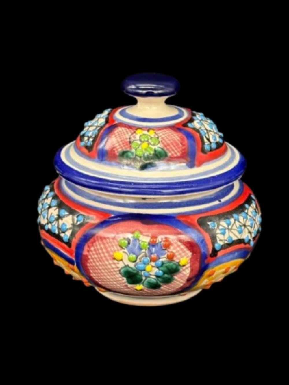 Vintage Mexican Artisan Talavera Hand Painted Pottery Lidded Jar
